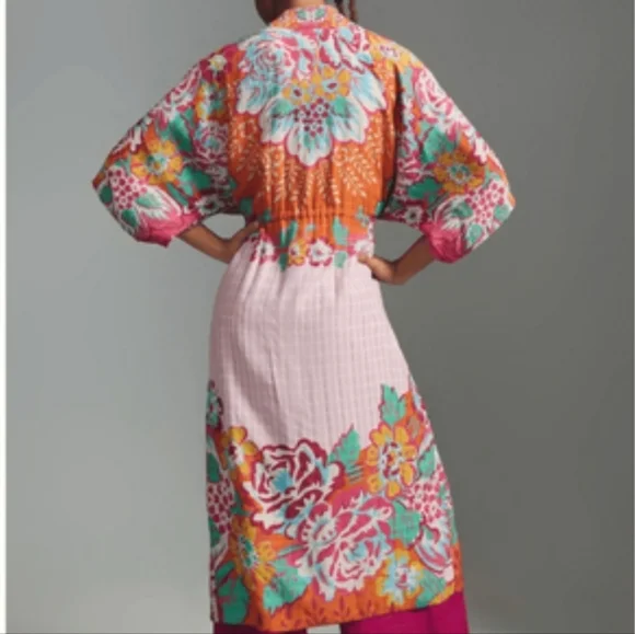 Anthropologie × Conditions Apply Floral Print Cinch Tie Waist Kimono Duster Top - Picture 2 of 16